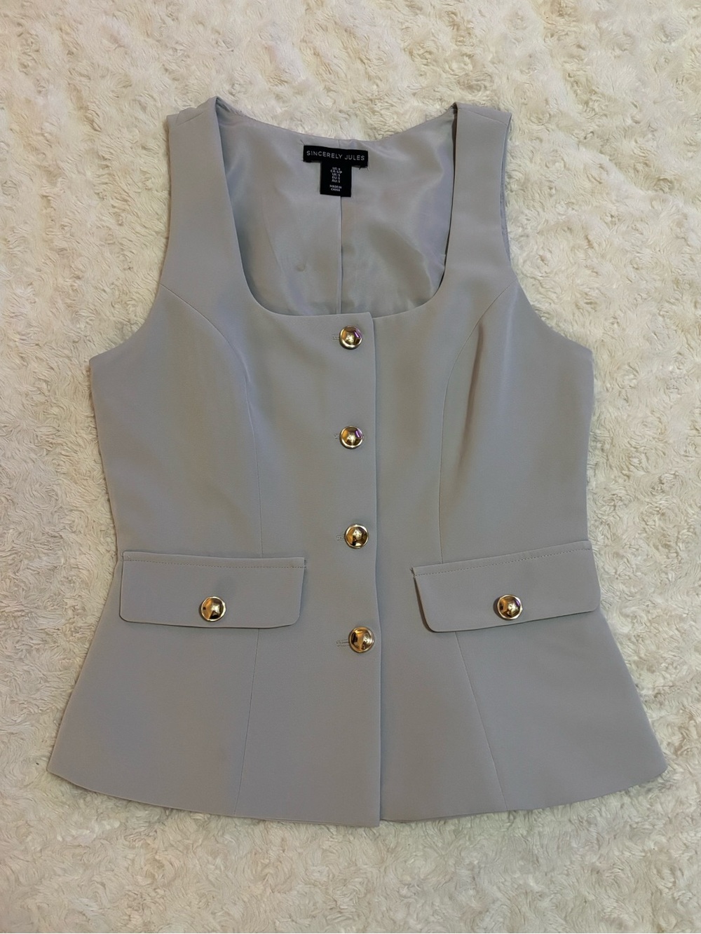 Sincerly Jules Light Gray Sleeveless Button Vest with Gold Buttons